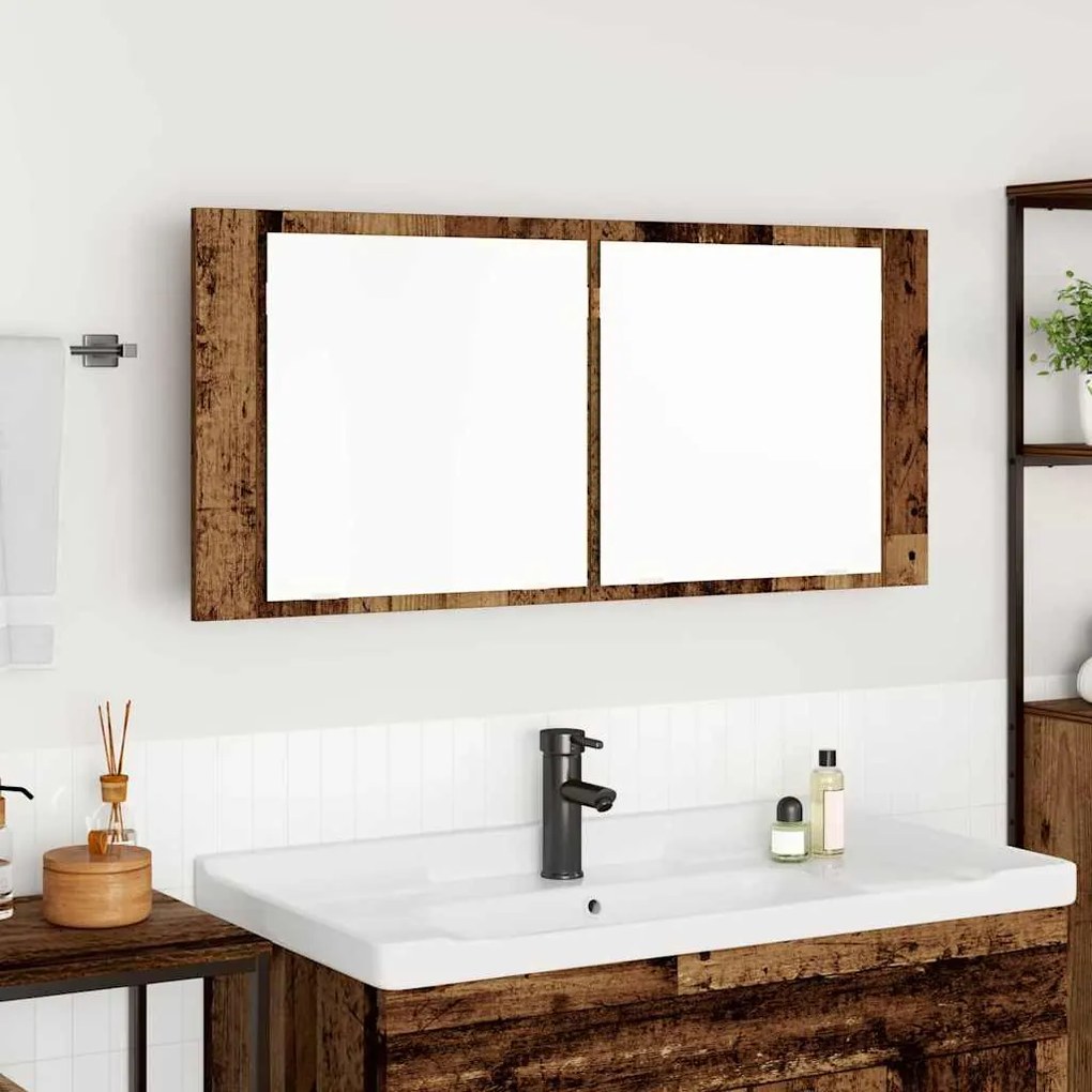 vidaXL Espelho de LED com prateleira Madeira antiga 100 x 12 x 45 cm