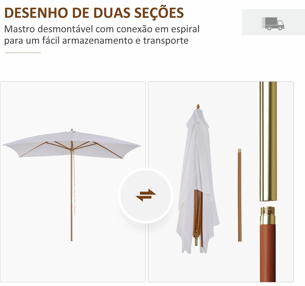 Chapéu de Sol de Jardim com Sistema de Poleia Teto Ventilado e Mastro de Madeira para Exterior 2,95x2x2,55m Branco