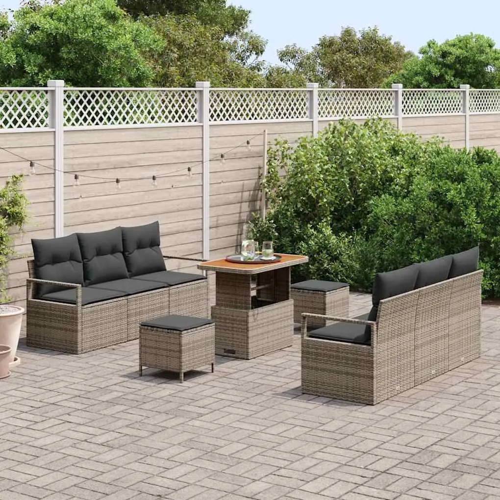 Conjunto de sofá de jardim de 9 peças da com almofadas cinzas de polir