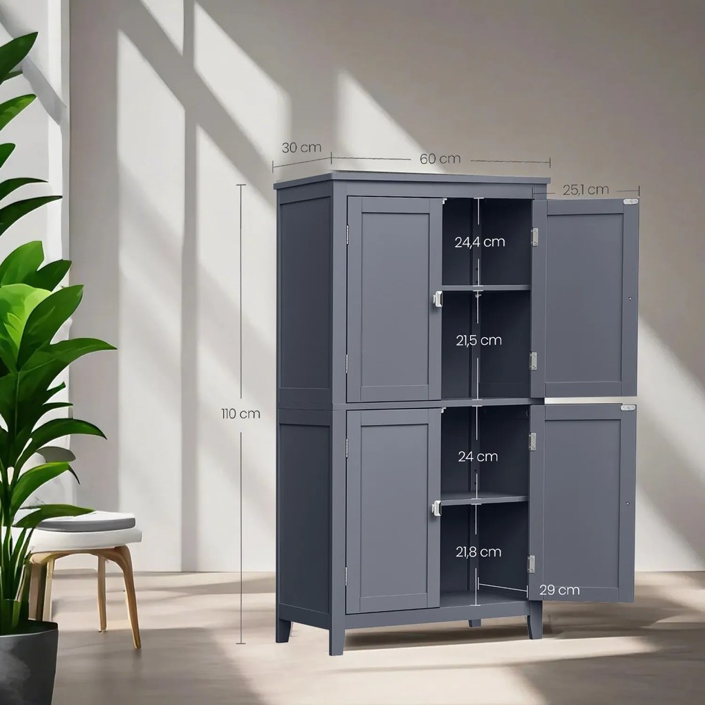 Armário para casa de banho com 4 portas de 30 x 60 x 110 cm cinzento