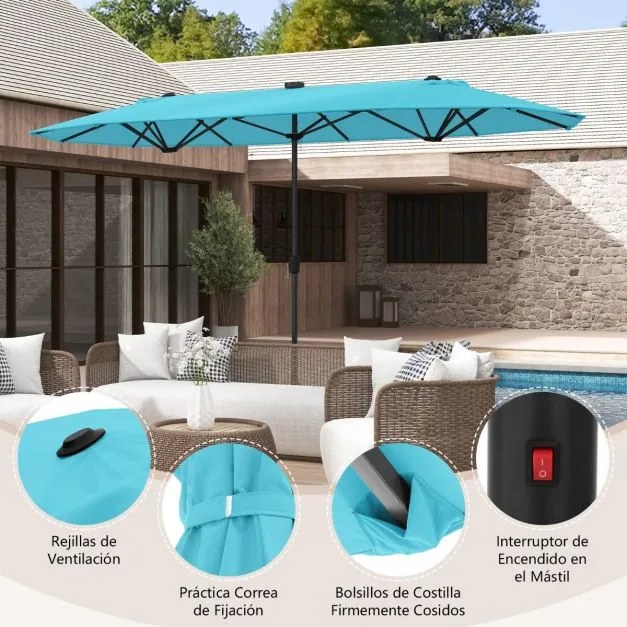 Guarda-sol jardim Duplo 4 x 2 m com Luzes Solares com base e Manivela Turquesa