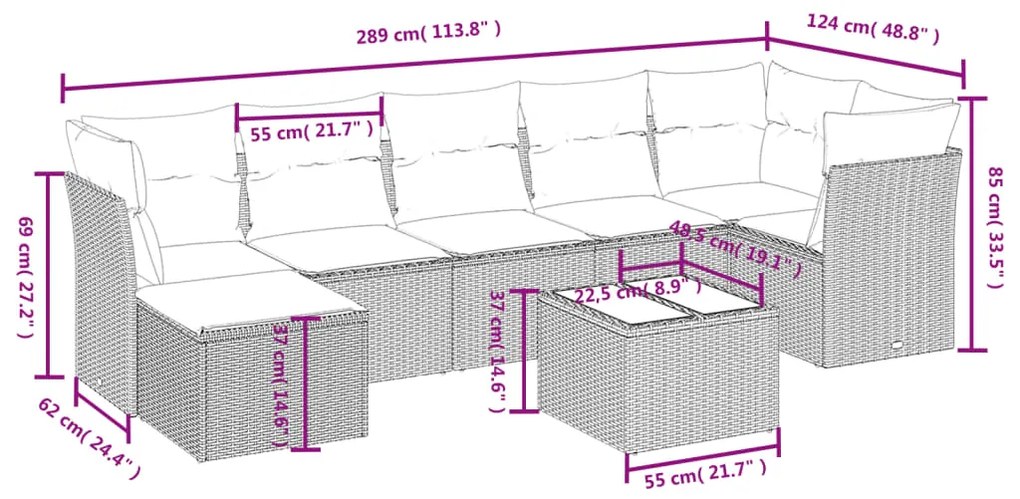 8 pcs conjunto de sofás p/ jardim com almofadões vime PE bege