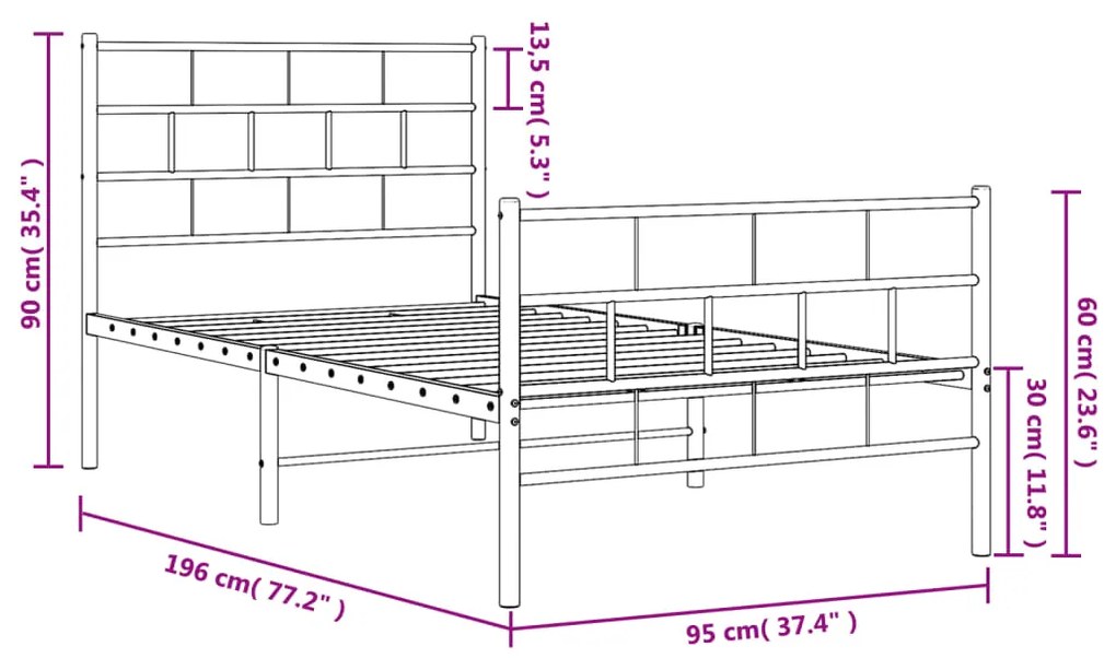 Estrutura de cama com cabeceira e pés 90x190 cm metal branco