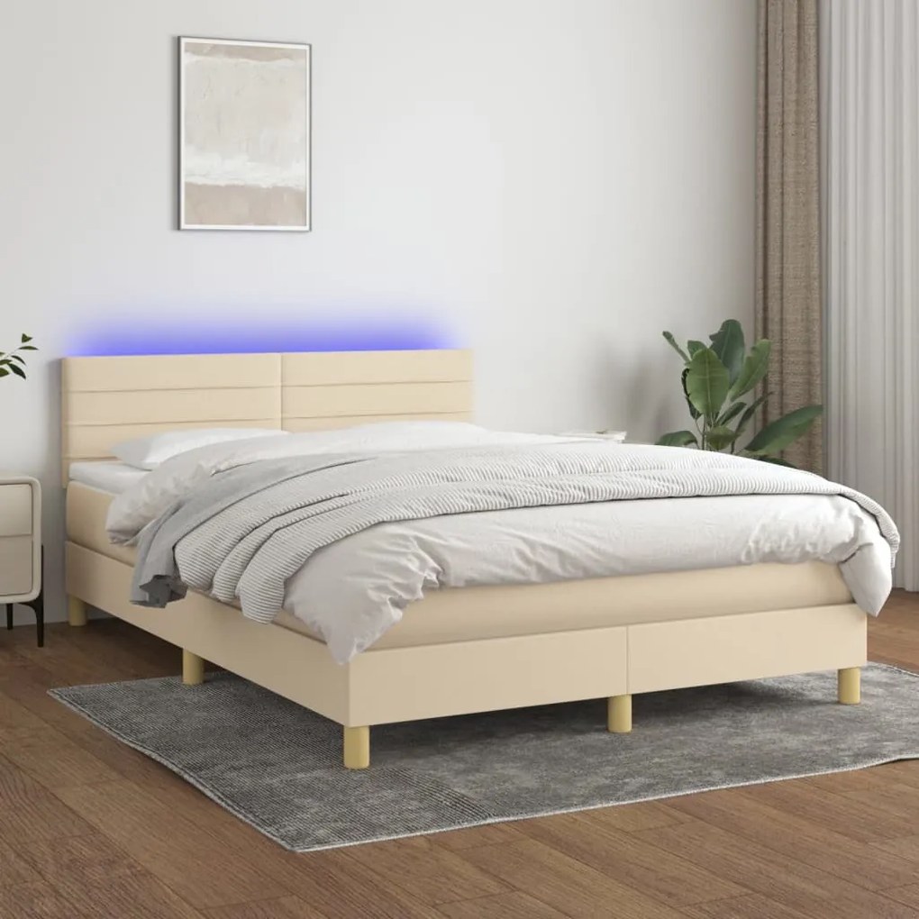 Cama box spring c/ colchão e LED 140x190 cm tecido cor creme