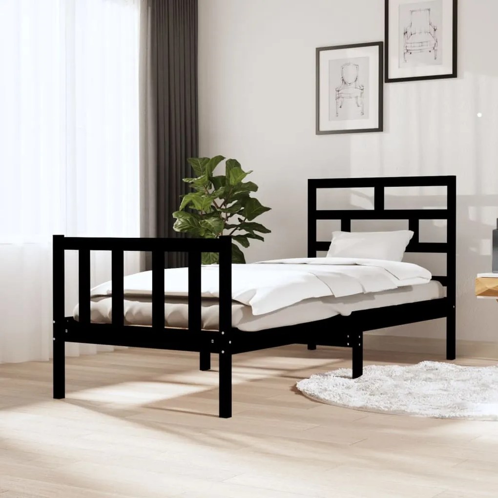 Estrutura de cama pequena solteiro 75x190 cm pinho maciço preto