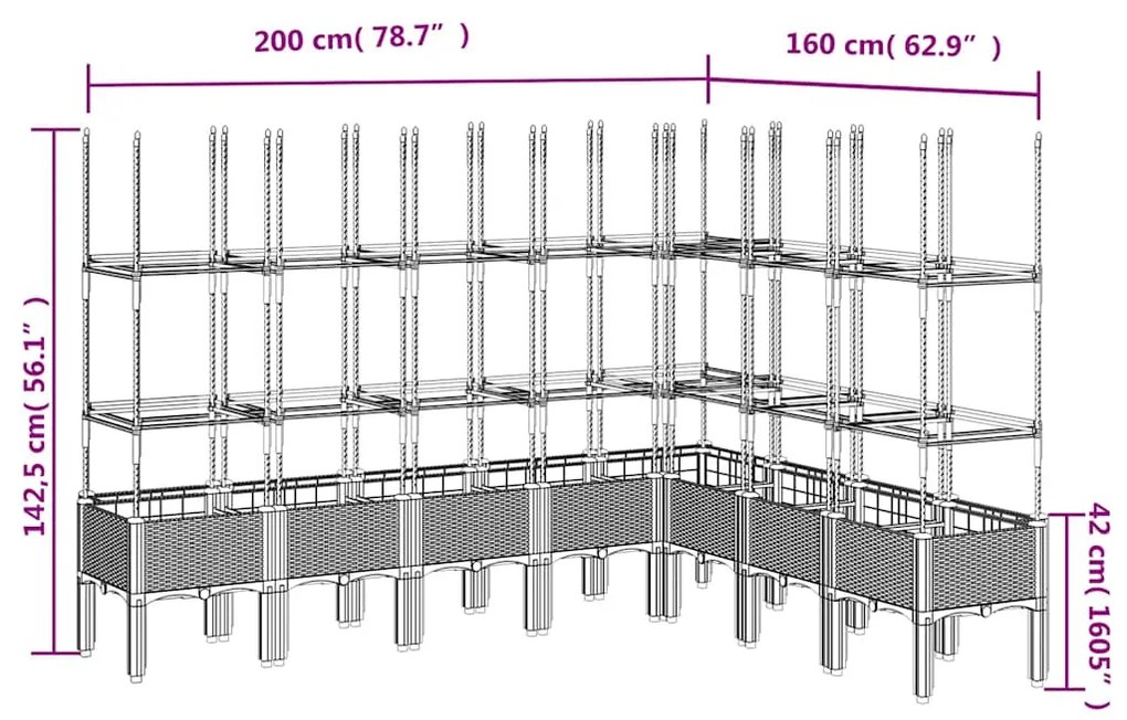 Vaso/floreira de jardim c/ treliça 200x160x142,5 cm PP cinzento azul