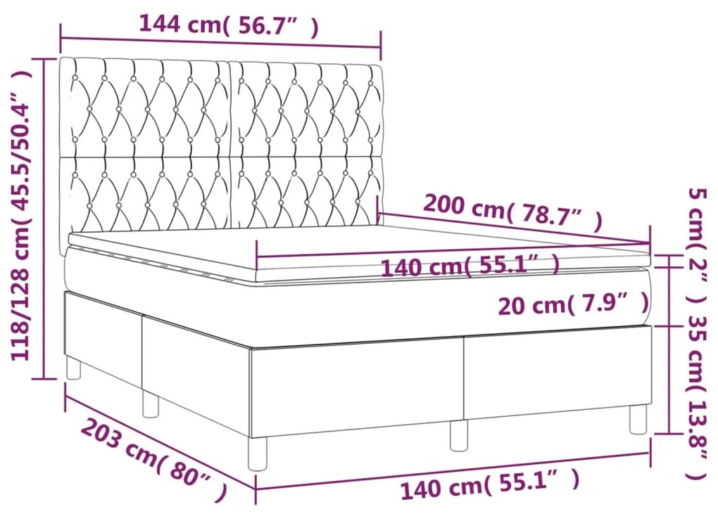 Cama box spring c/ colchão e LED 140x200 cm tecido cor creme