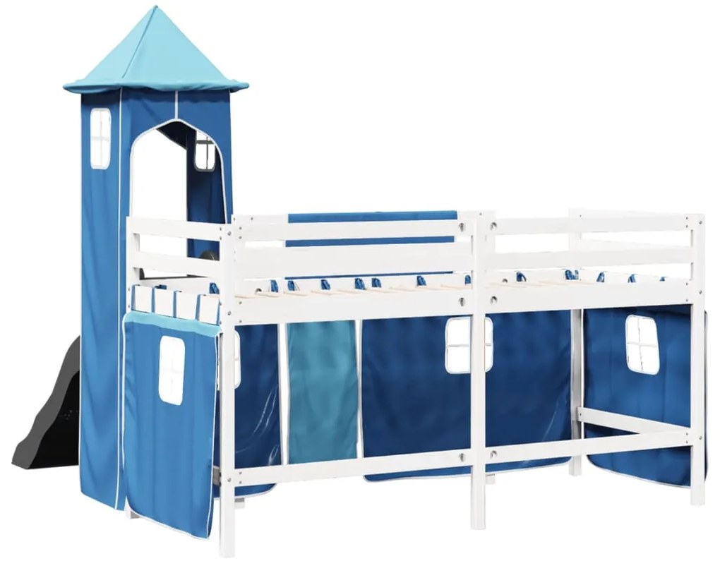 Cama alta para criança com torre 90x200 cm pinho maciço azul