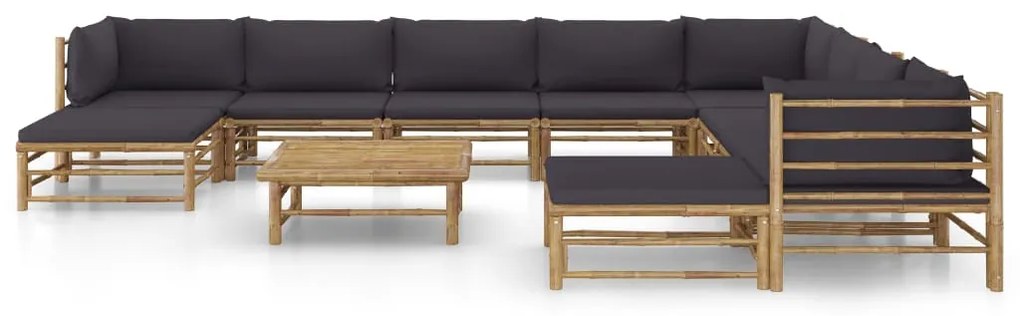 11 pcs conj. lounge jardim em bambu c/ almofadões cinza-escuro