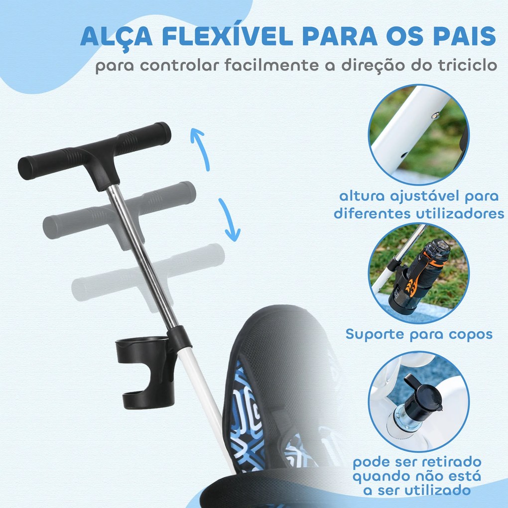 Triciclo para Bebés 2 em 1 Triciclo Evolutivo para Crianças com Toldo Dobrável e Guiador Telescópico 105x47x98 cm Branco