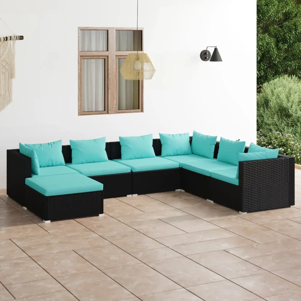 7 pcs conjunto lounge de jardim c/ almofadões vime PE preto