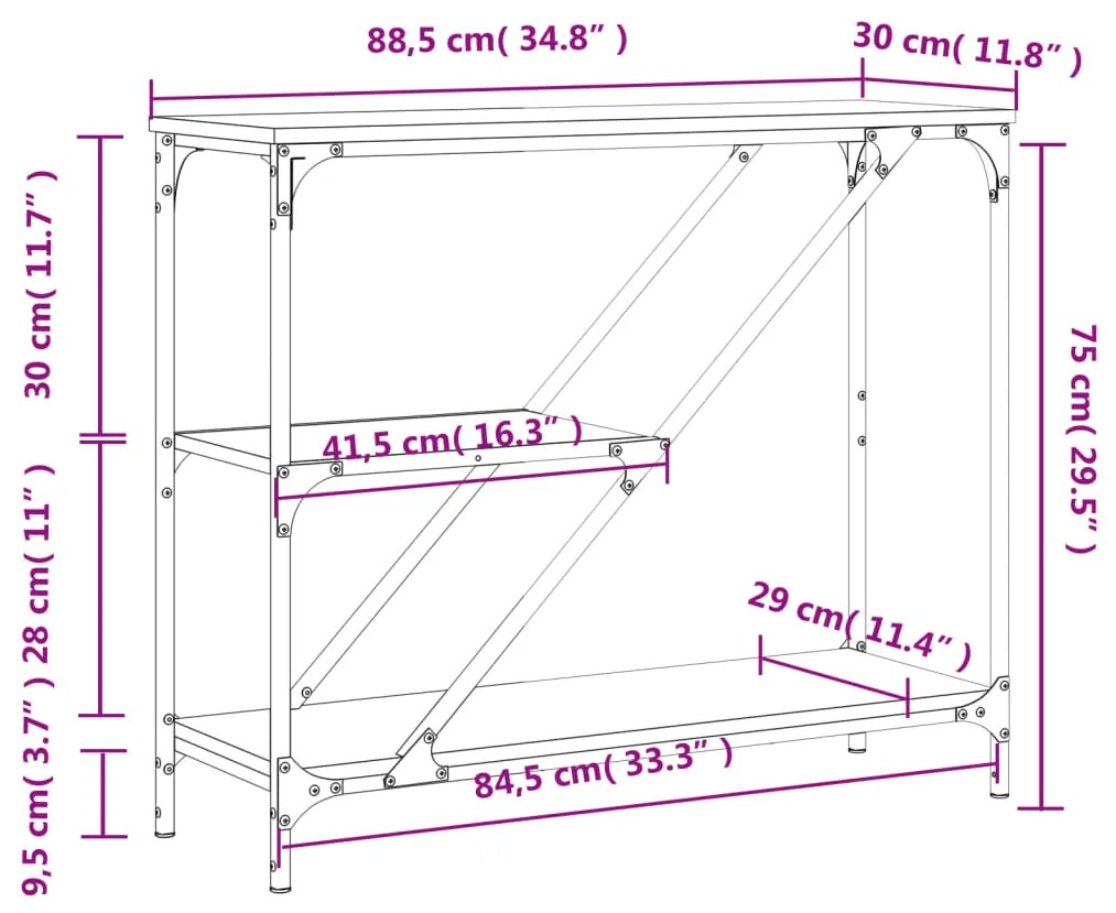 Mesa consola 88,5x30x75 cm derivados madeira carvalho castanho
