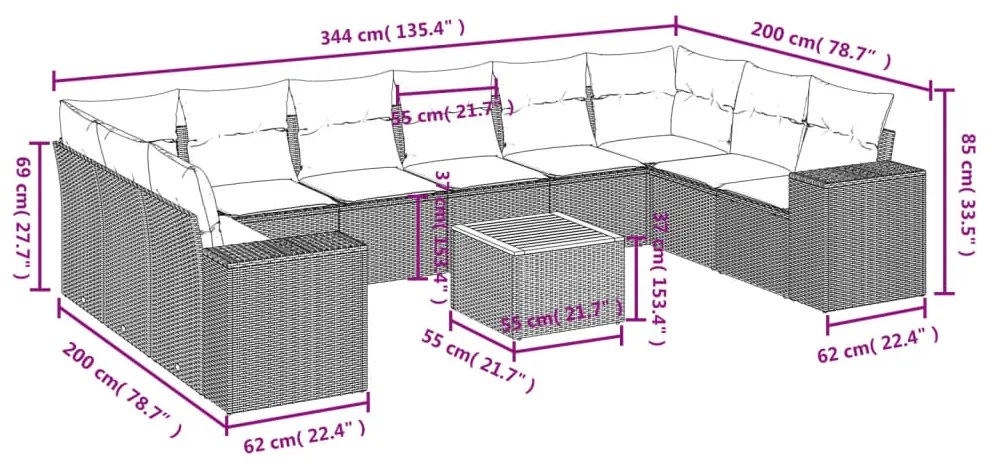 11 pcs conjunto sofás de jardim c/ almofadões vime PE preto