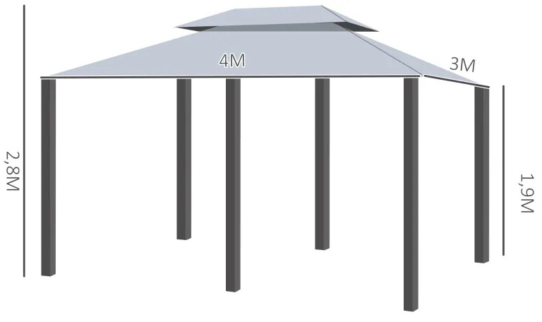 Pérgola de Jardim com Estrutura de Aço Teto Duplo 6 Cortinas Laterais 8 Orifícios de Drenagem 300x400x280 cm Cinza