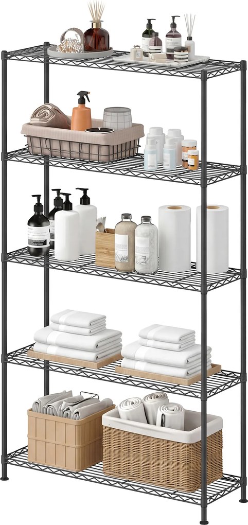 Estante de metal e plastico 30 x 90 x 161 cm, prateleiras ajustáveis, estante de arrumação com 5 níveis para garagem preto