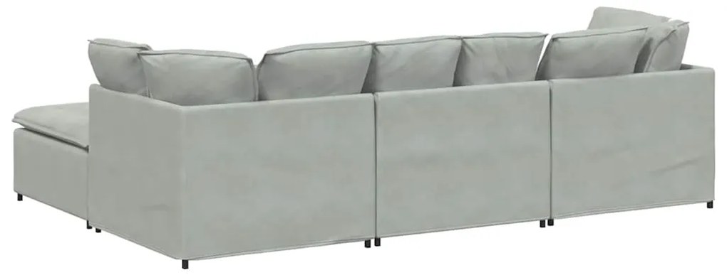 Sofá modular com pufes e almofadas veludo cinzento-claro