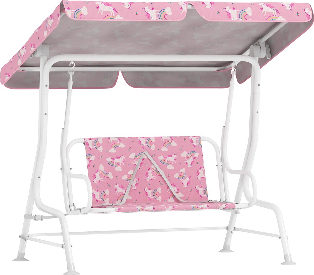 Baloiço de Jardim Exterior Infantil de 2 Lugares com Toldo Ajustável, Cintos de Segurança e Design de Unicórnio e Arco-Íris Rosa