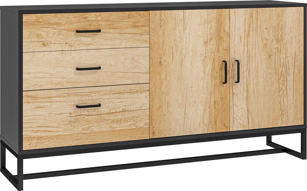 Aparador de sala de estar com 3 gavetas e prateleira ajustável 140 x 35 x 75 cm, pés em aço, puxadores em liga de alumínio acabamento em cor de madeir