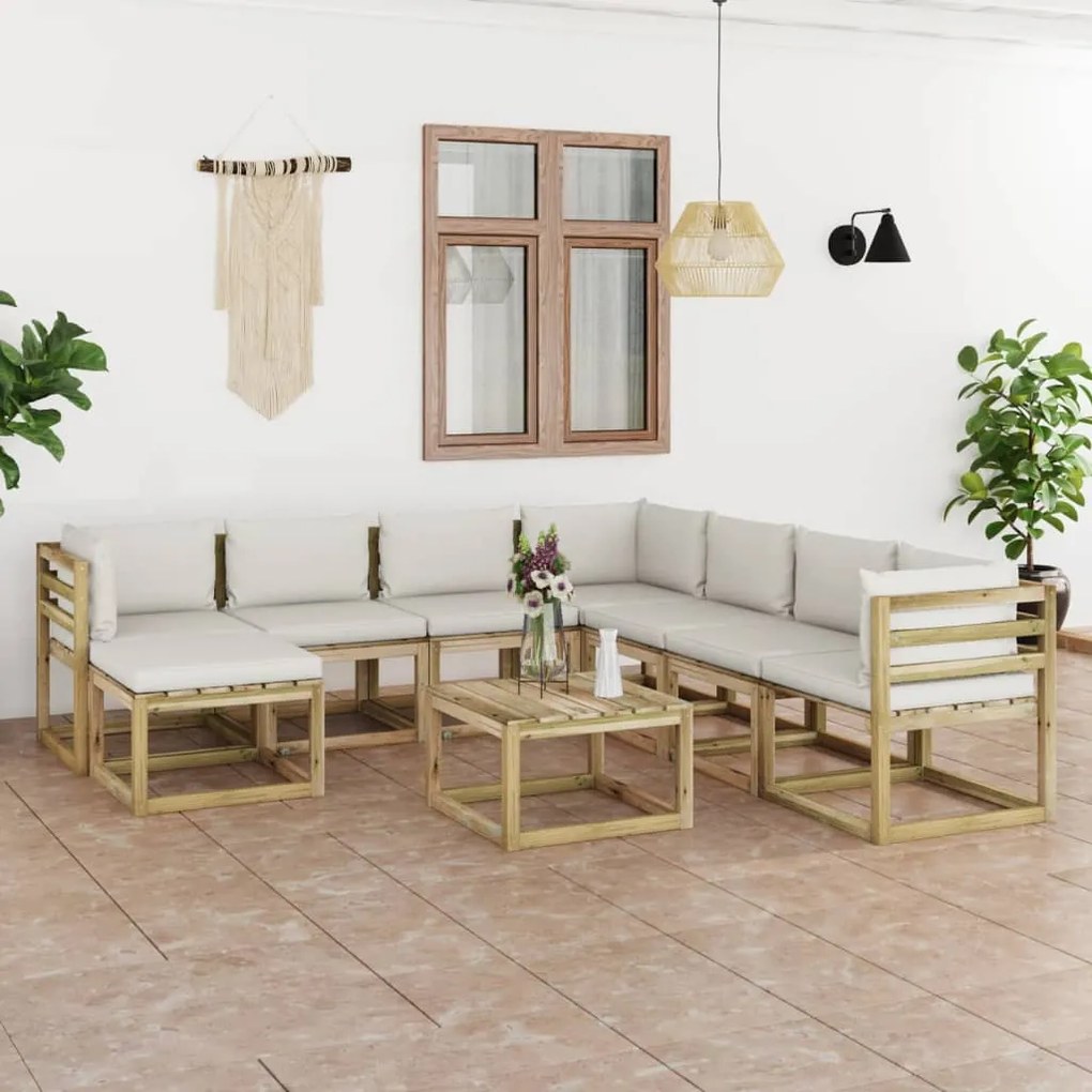 vidaXL Conj. lounge de jardim 9 pcs com almofadões pinho impregnado