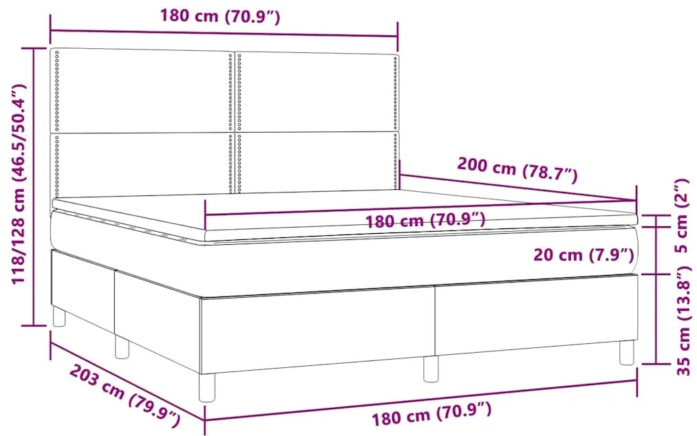 Cama box spring colchão/LED 180x200cm tecido cinza-acastanhado