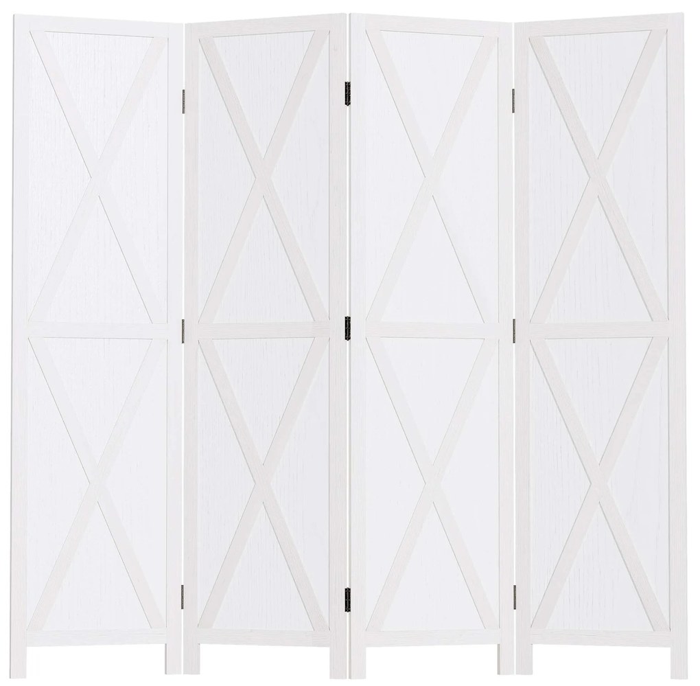 HOMCOM Biombo de 4 Paineis Separador de Ambientes Dobrável 182x170cm Divisória para Espaços de Madeira Decoração Elegante para Dormitório Sala de Estar Branco