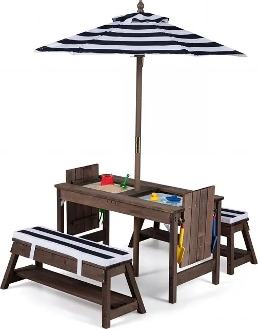 Conjunto de Mesa Infantil com 2 Bancos e Sombrinha, 89 x 44 x 50 cm, Sombrinha Regulável em 3 Posições, Azul