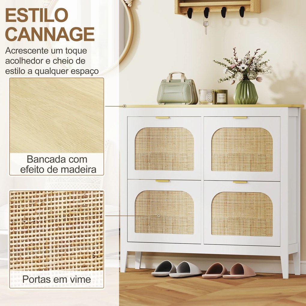 Sapateira Estreita com 4 Portas em Vime e Prateleiras Ajustáveis para 20 Pares de Sapatos 105x24x95,5 cm Branco