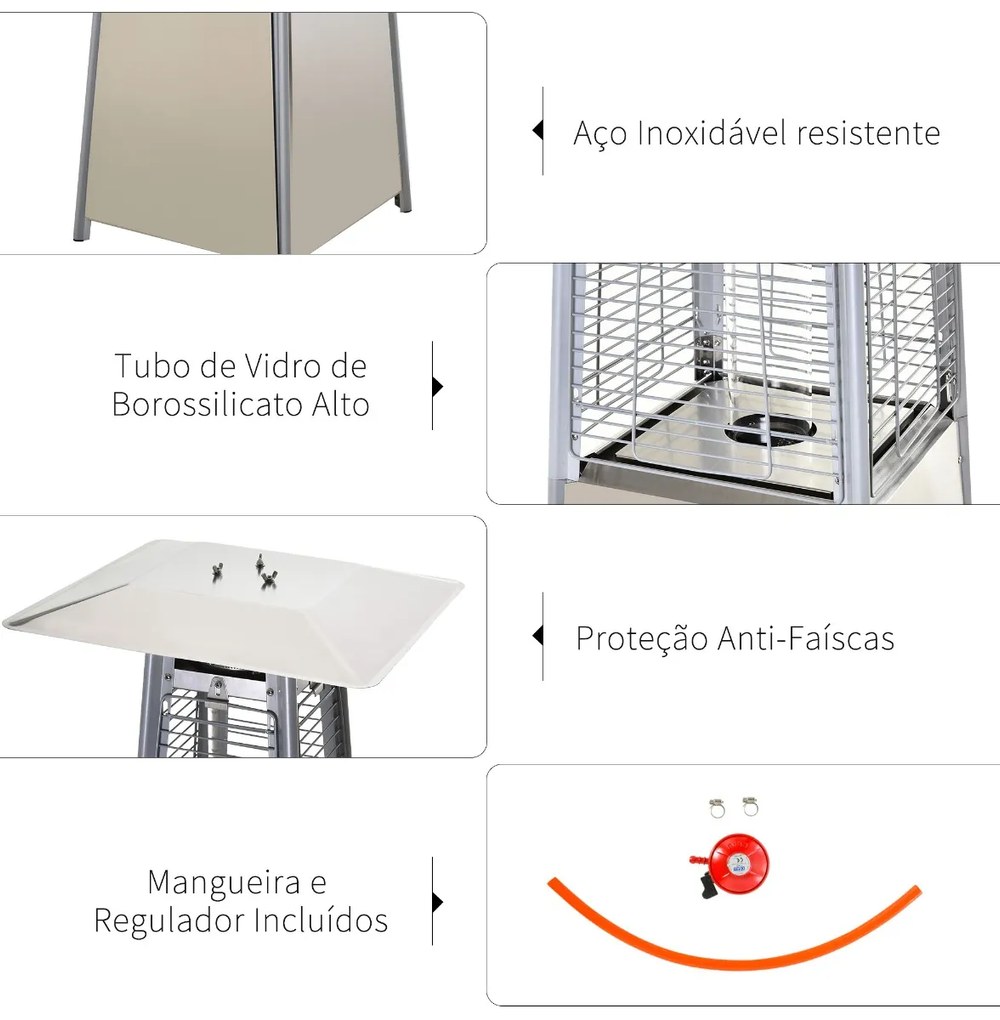 Aquecedor a Gás para Exterior Pirâmide 10,5KW Aquecedor de Exterior de Propano Aço Inoxidável com Funda Protetora Regulador Mangueira e Rodas