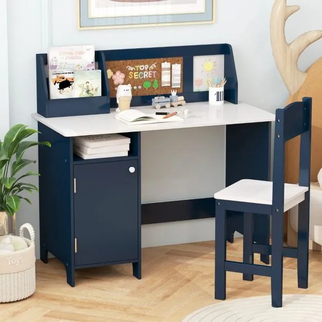 Conjunto de Secretaria e cadeira para crianças com quadro negro, marcador, prateleira e armário de armazenamento Azul