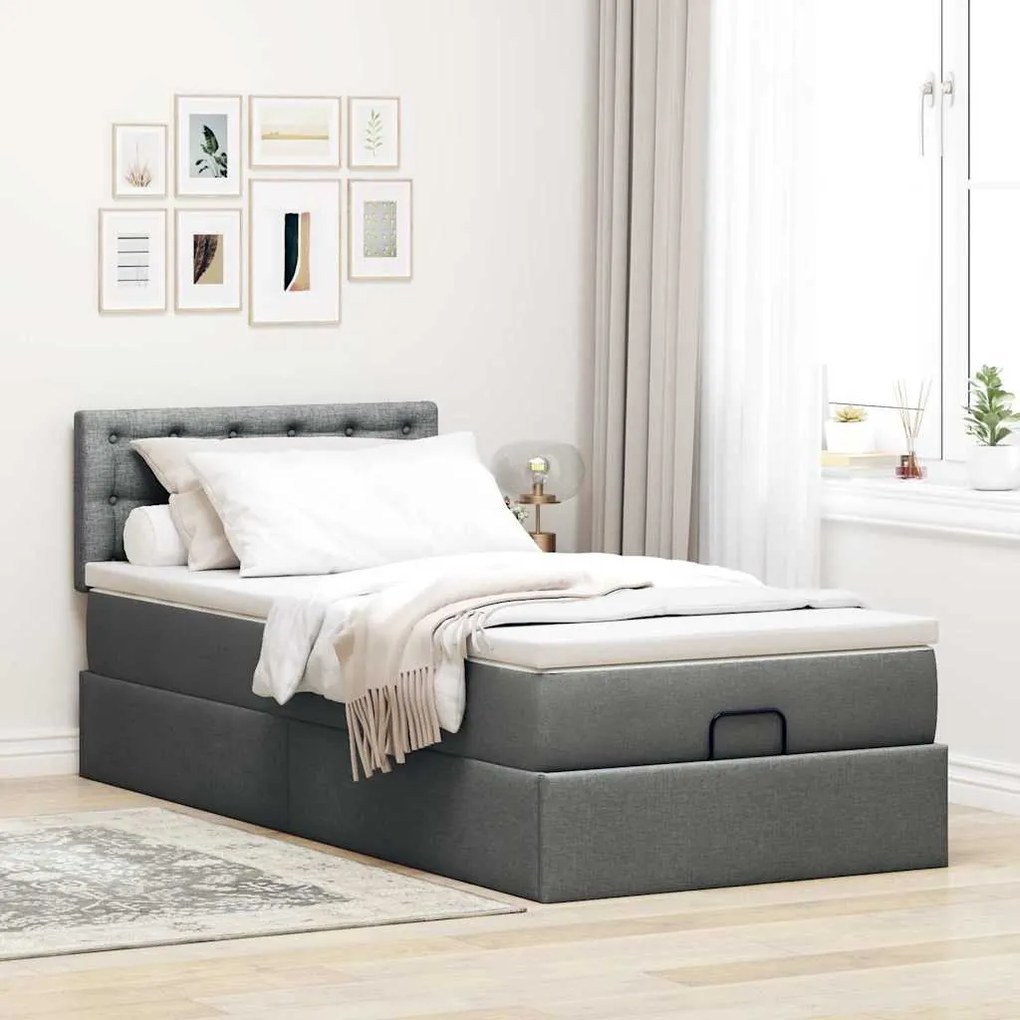 Cama otomana com colchão & LEDs 90x200cm tecido cinzento escuro