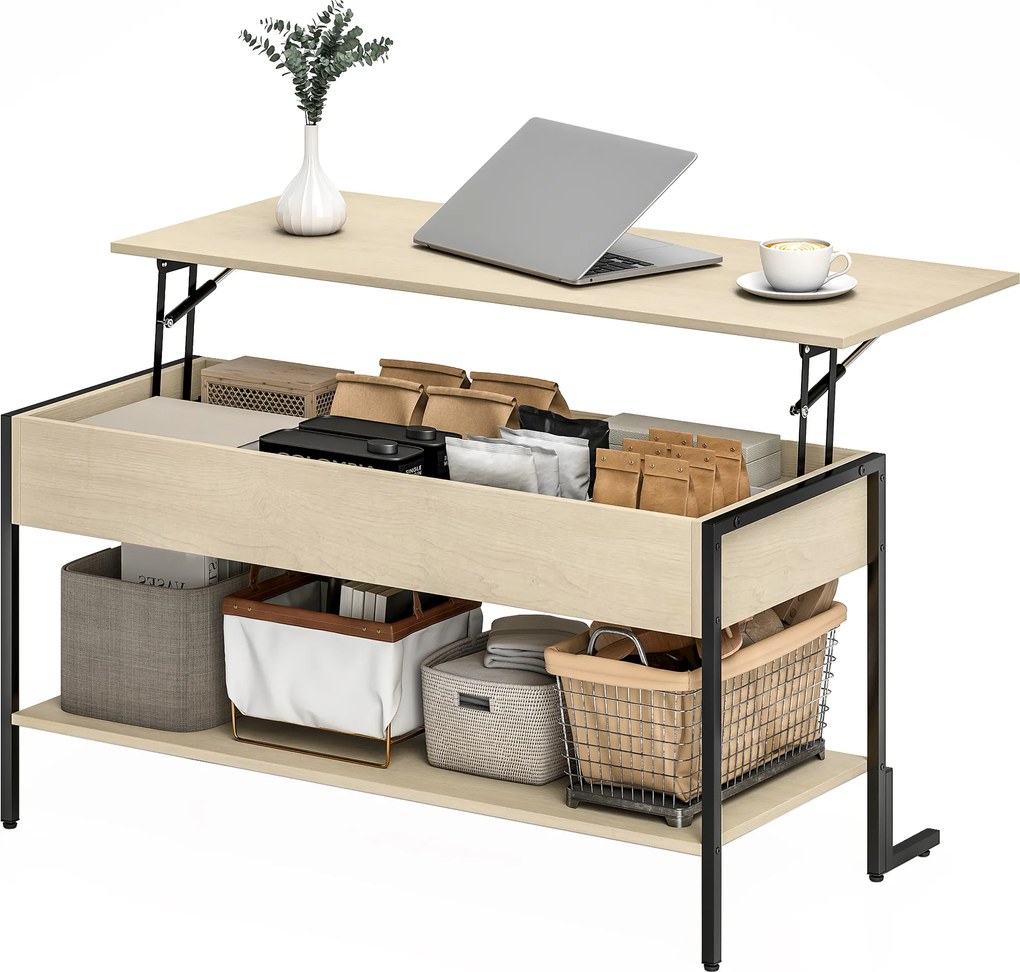Mesa de centro com tampo elevável, mesa de sala com compartimento oculto e prateleira aberta, 95 x 40 x 59 cm, madeira natural