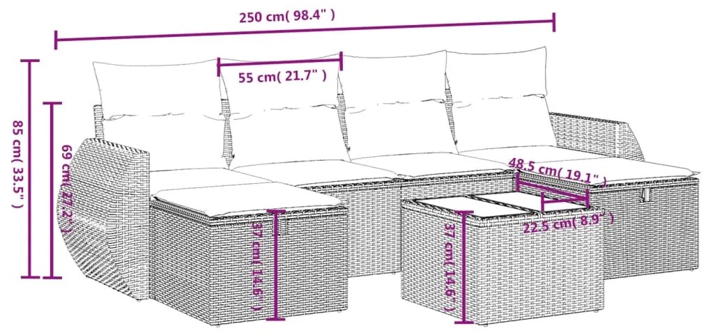 6 pcs conj. sofás jardim c/ almofadões vime PE bege misturado
