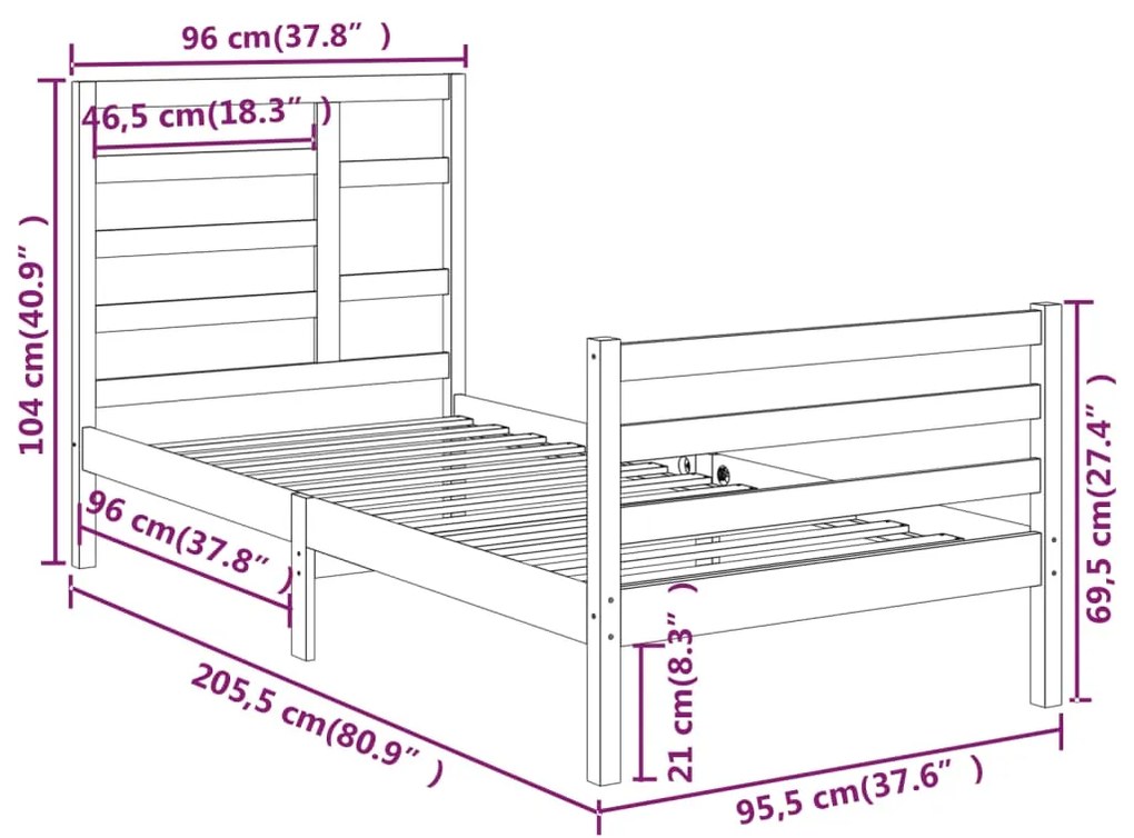 Estrutura de cama 90x200 cm madeira maciça preto