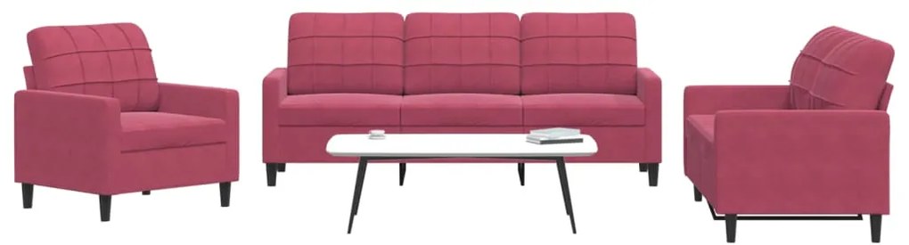 3 pcs conjunto de sofás com almofadões veludo vermelho tinto
