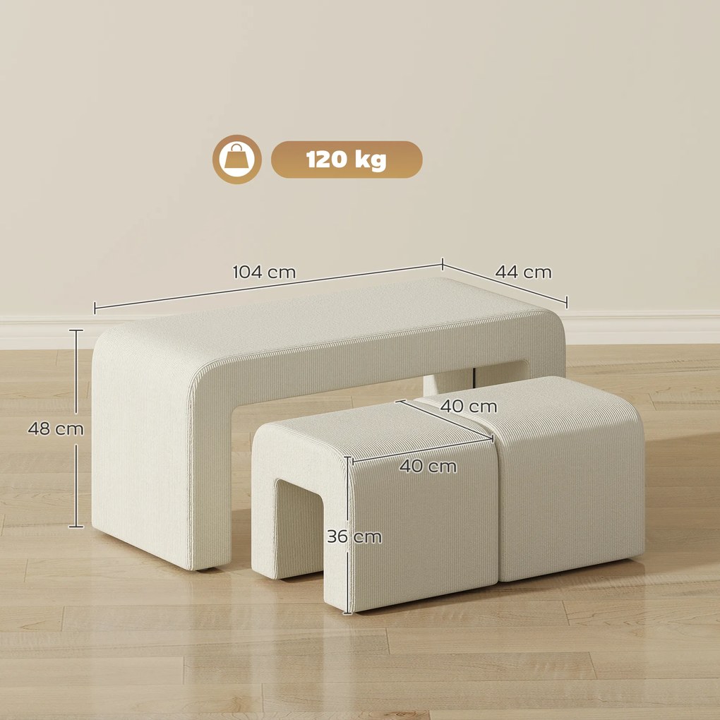 Conjunto de 3 Bancos Grande e 2 Pequenos Bancos Modernos em Veludo 104x44x48 cm Creme