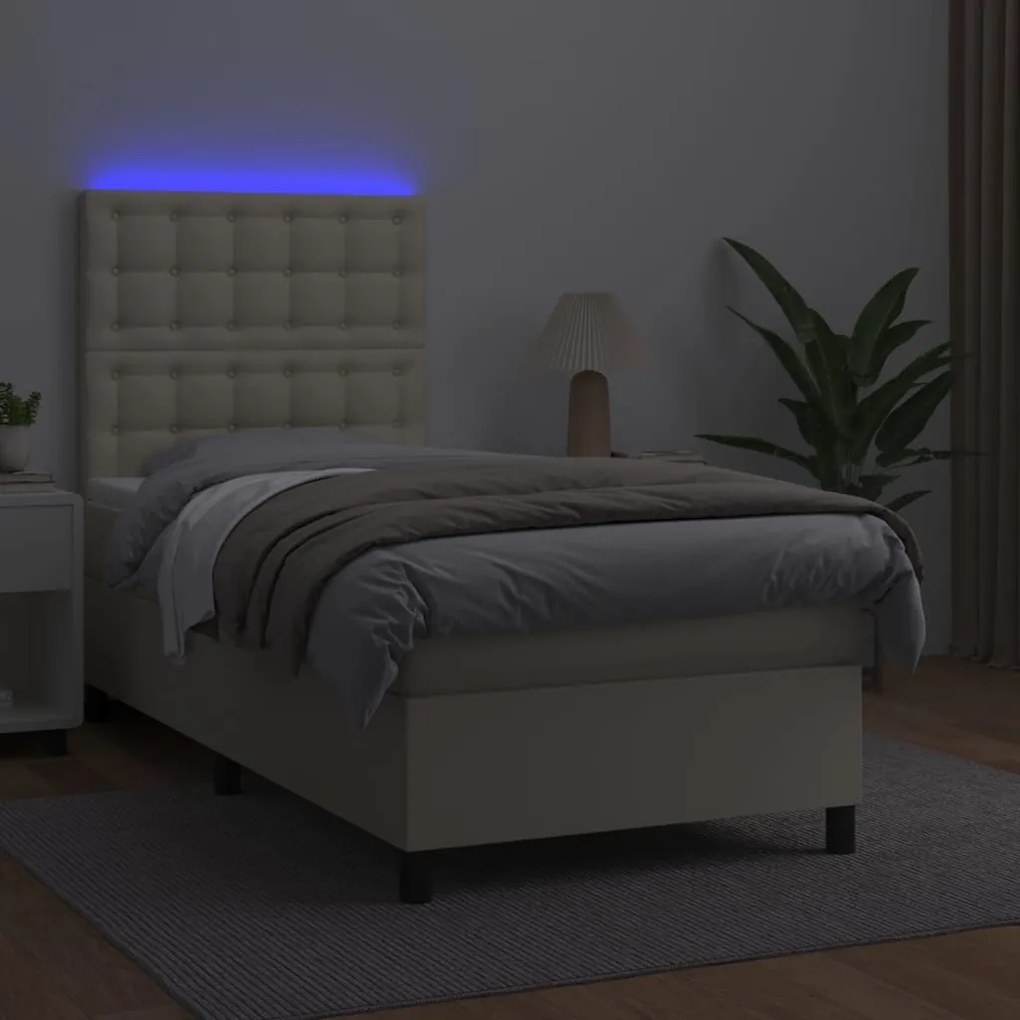 Cama box spring c/ colchão/LED 90x200 cm couro artificial creme