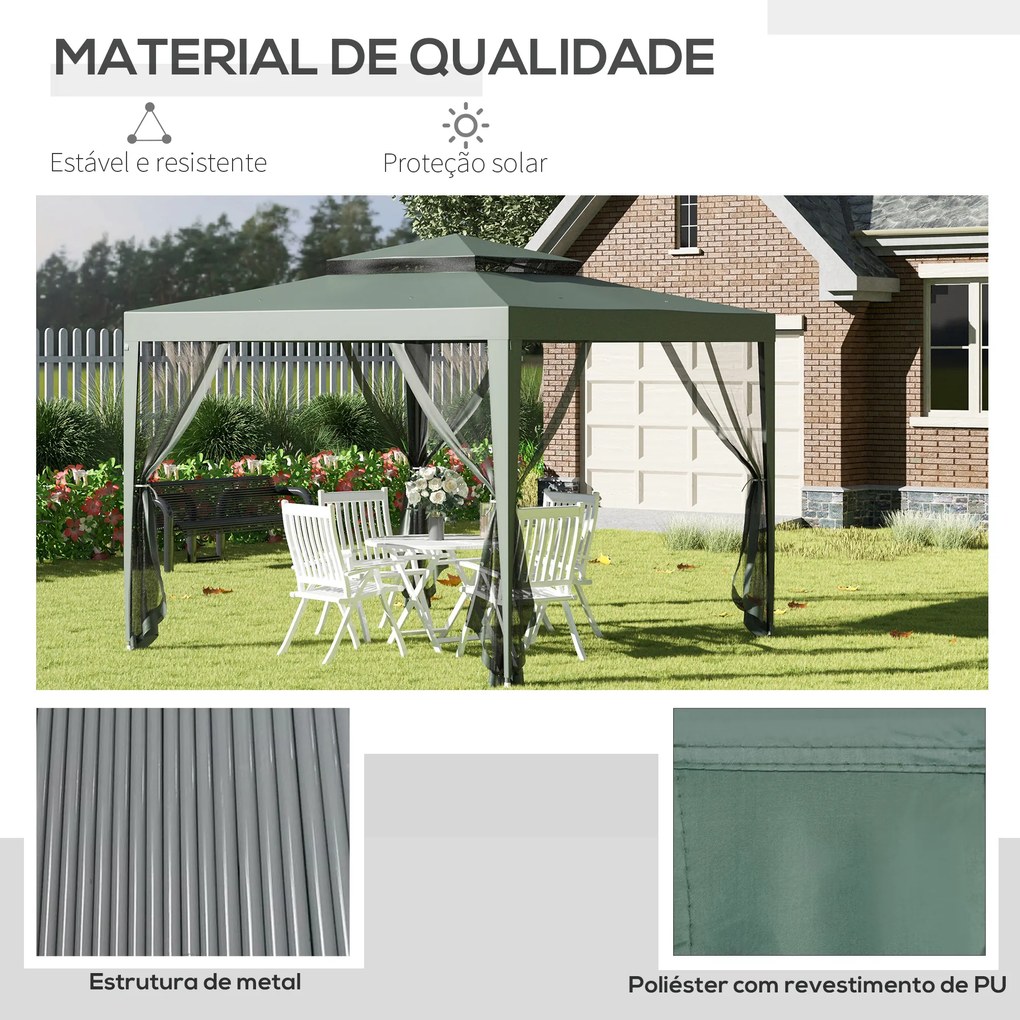 Outsunny Pérgola de Jardim 3x3m Pérgola com 4 Redes Mosquiteiras Laterais com Zíper Teto de Ventilação e 8 Orifícios de Drenagem Pérgola para Terraço Pátio Exterior Verde