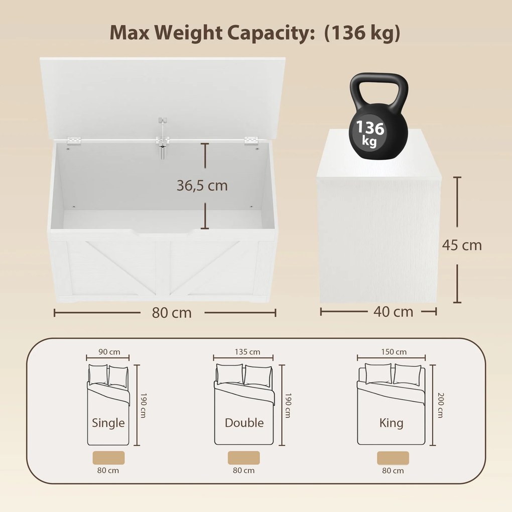 Baú de Arrumação 100L com Dobradiça de Segurança e Puxador em U para Hall de Entrada ou Sala 80x40x45 cm Branco