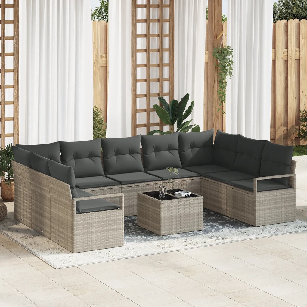 Conjunto de Sofá de Jardim vidaXL de 10 Peças com Almofadas Cinza Poli