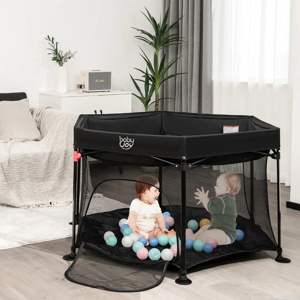 Parque Infantil Hexagonal para Crianças Portátil Dobrável com Tapete de Bebé Desdobrável 134 x 132 x 132 cm Preto