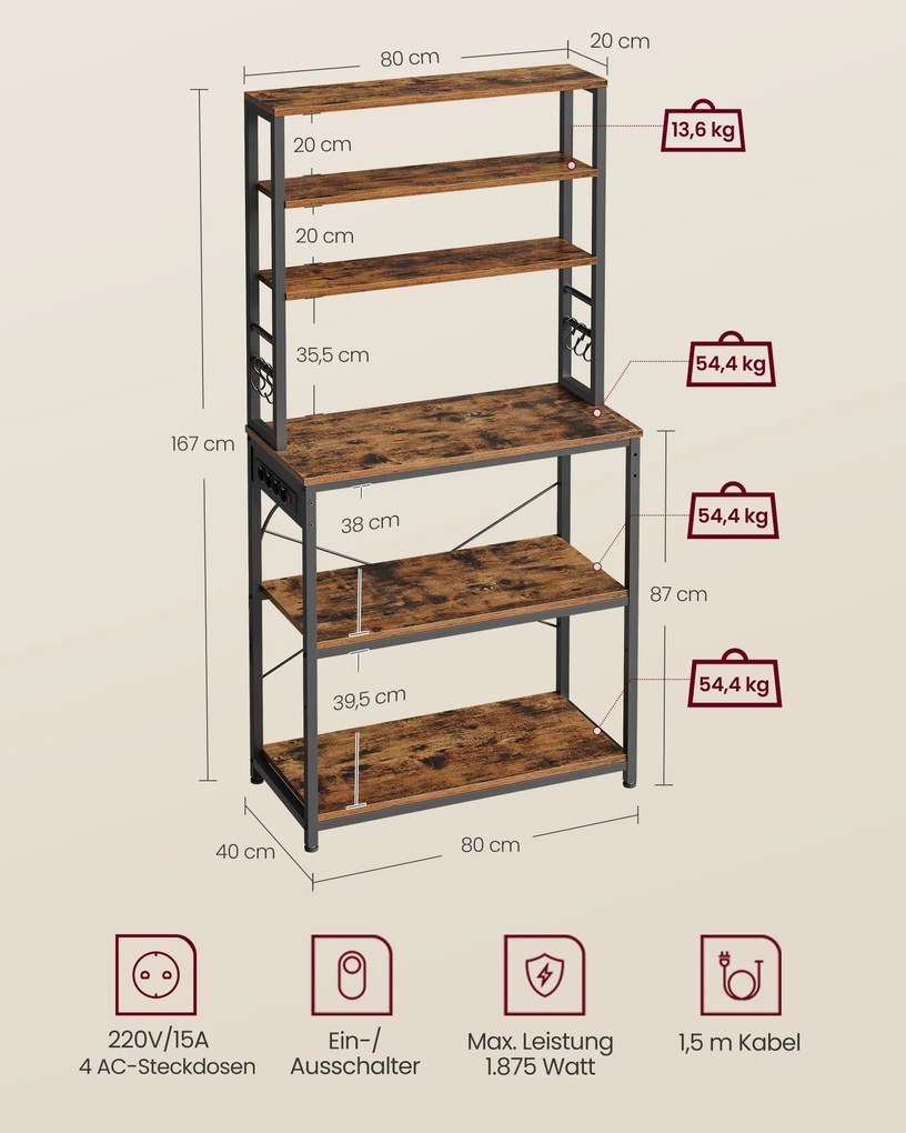 Armário de cozinha com tomadas 40 x 80 x 167 cm Preto castanho-escuro