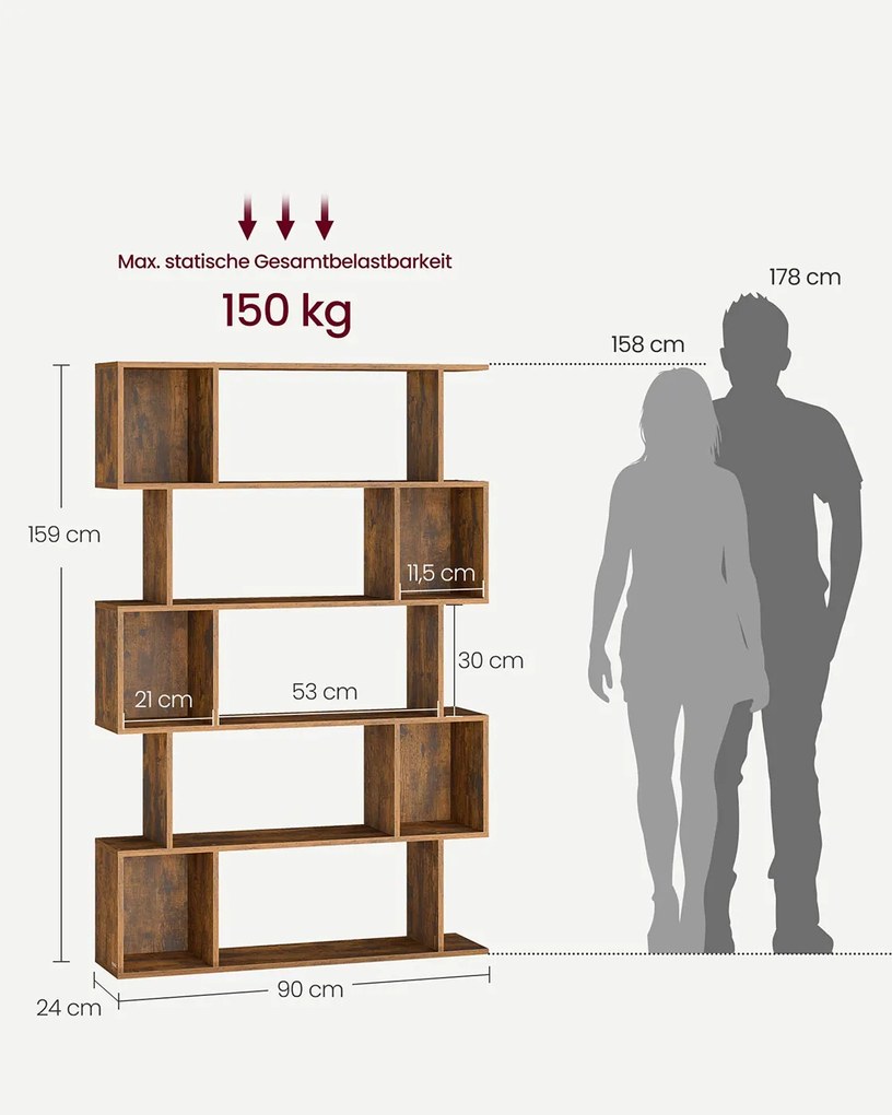 Estante em forma de S com 5 prateleiras abertas 24 x 90 x 159 cm Castanho vintage