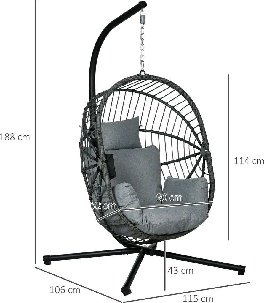 Cadeira Suspensa com Suporte Jardim Cadeira Baloiço de Exterior com Cesta Dobrável Almofada e Apoio para a Cabeça 120x106x188 cm Cinza