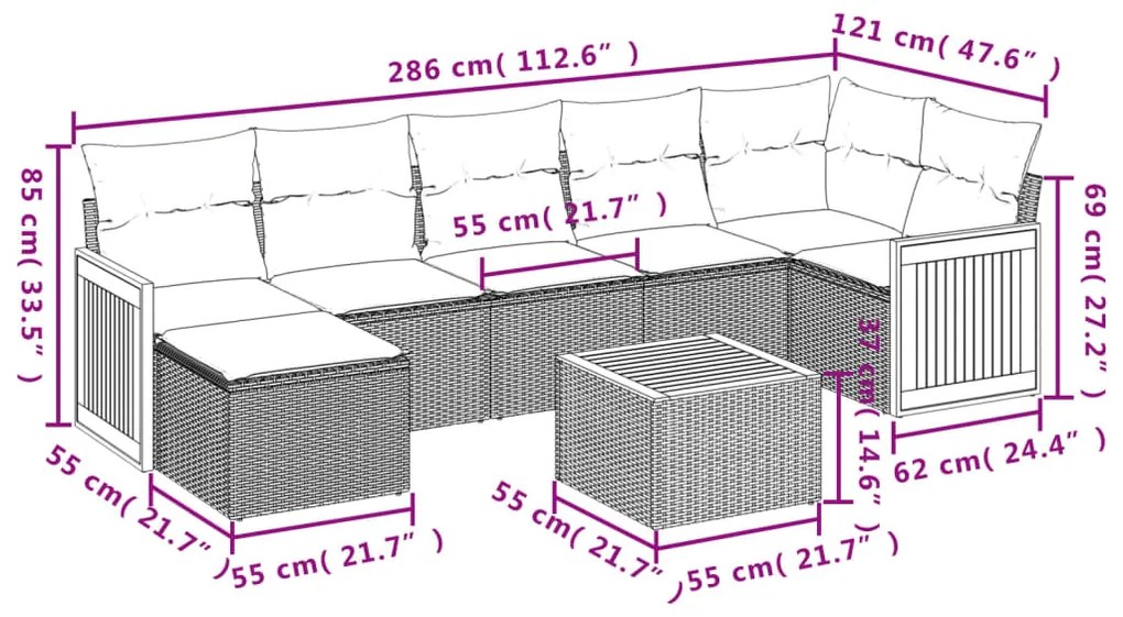 8 pcs conjunto de sofás p/ jardim com almofadões vime PE bege