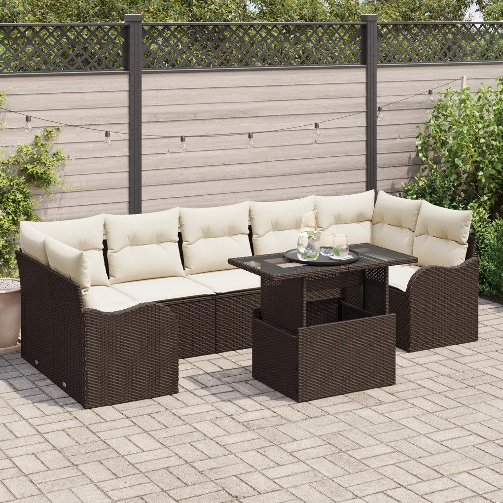 Conjunto de Sofás de Jardim de 8 Peças com Almofadas Castanho Rattan P