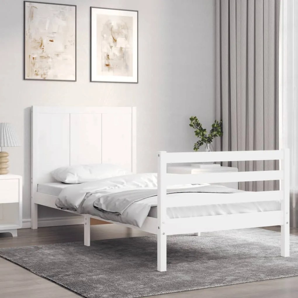 vidaXL Estrutura cama de solteiro c/ cabeceira madeira maciça branco