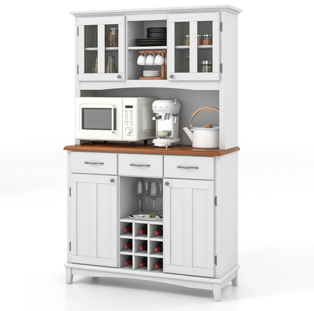 Armário de cozinha com vidro temperado com suporte para garrafas de vinho Estantes ajustáveis 106 x 41,5 x 184,5 cm Branco