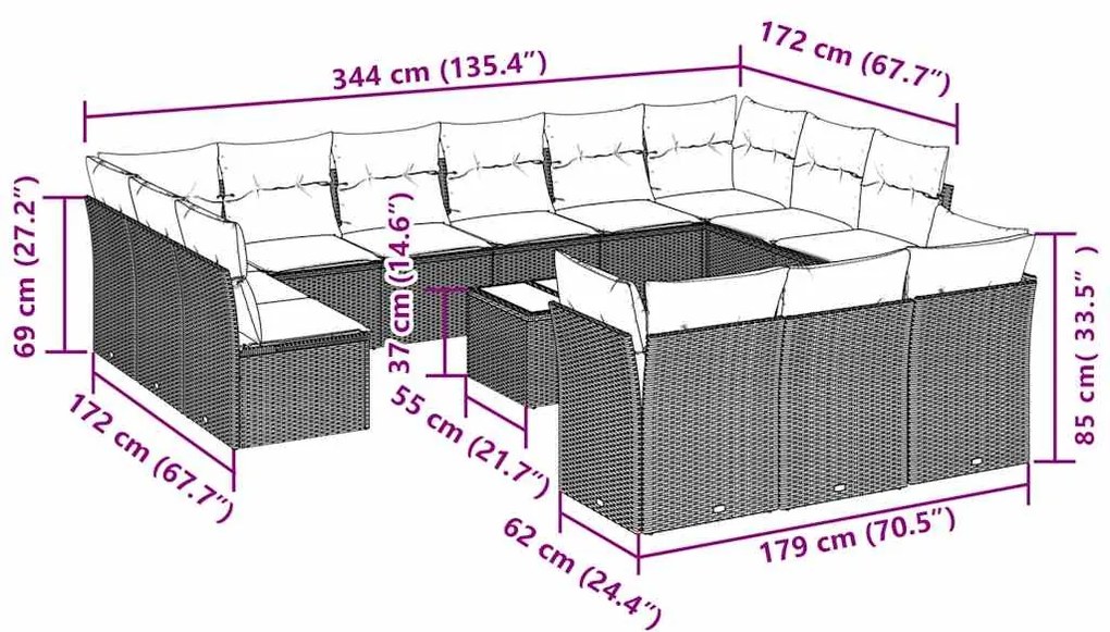 14 pcs conjunto de sofás p/ jardim c/ almofadões vime PE preto