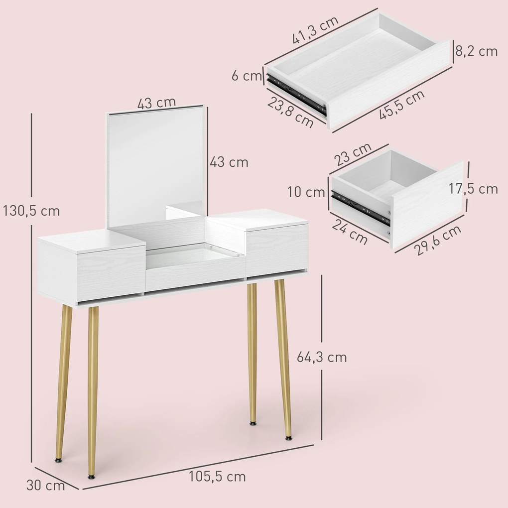 Toucador de Maquilhagem com Espelho Bancada de Vidro 3 Gavetas Mesa de Maquilhagem Moderna 105,5x30x130,5 cm Branco