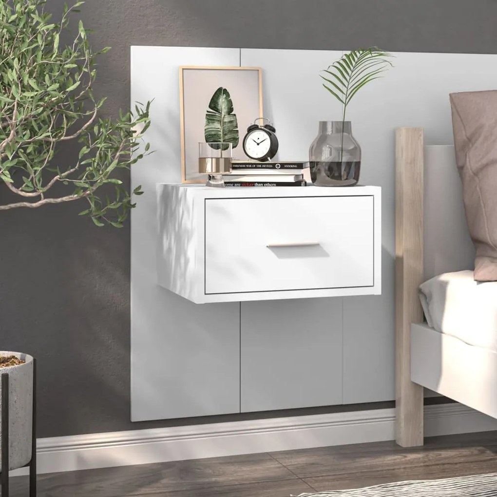 vidaXL Mesa de cabeceira montagem na parede branco brilhante